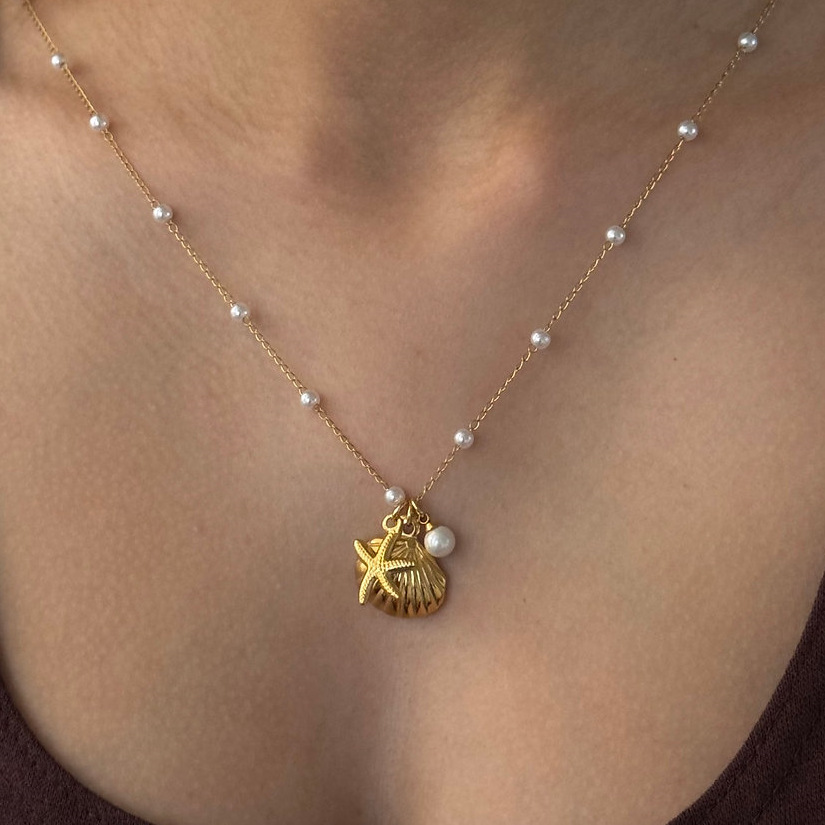 Crystal Choker Necklace - Boho Gold Color Shell Imitation Pearl